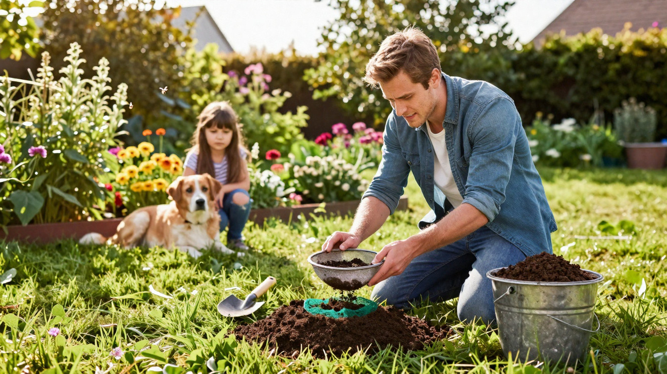 Homem planta em jardim enquanto menina e cachorro observam sentados na grama.