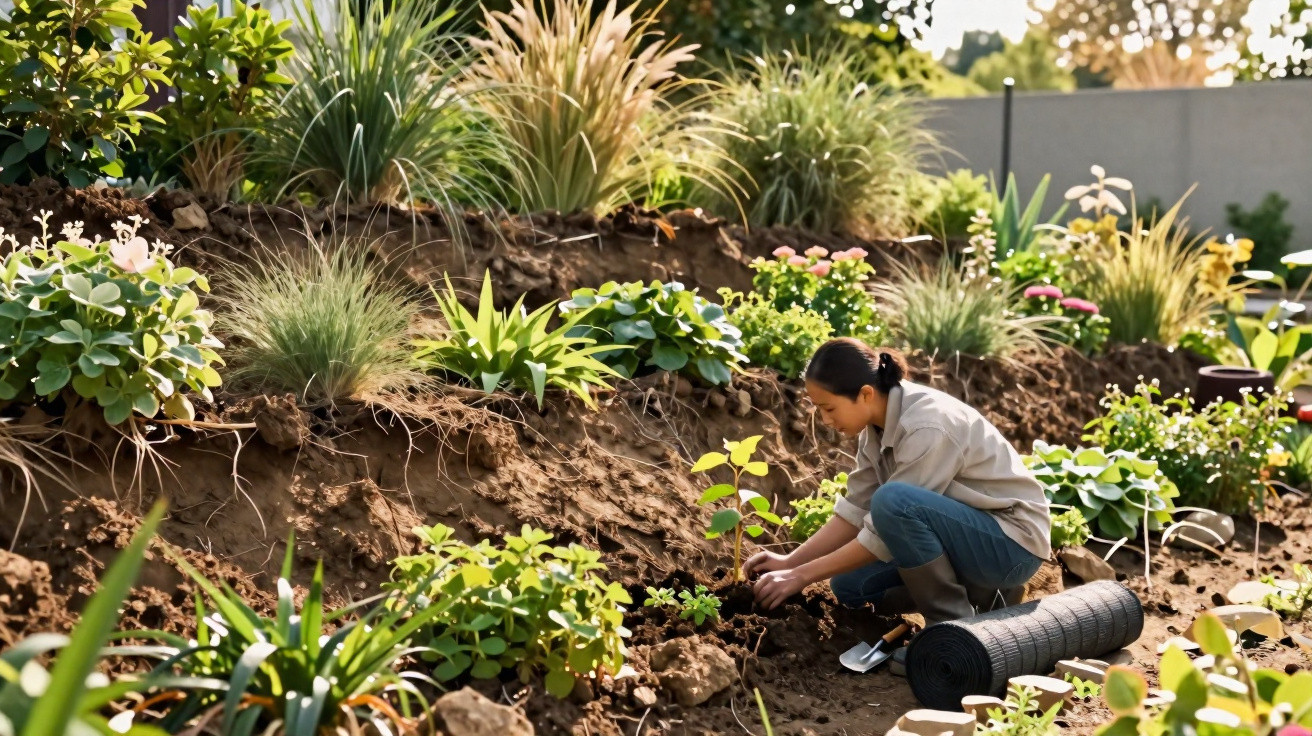 Mulher plantando mudas em canteiro de jardim com diversas plantas e grama ao redor.